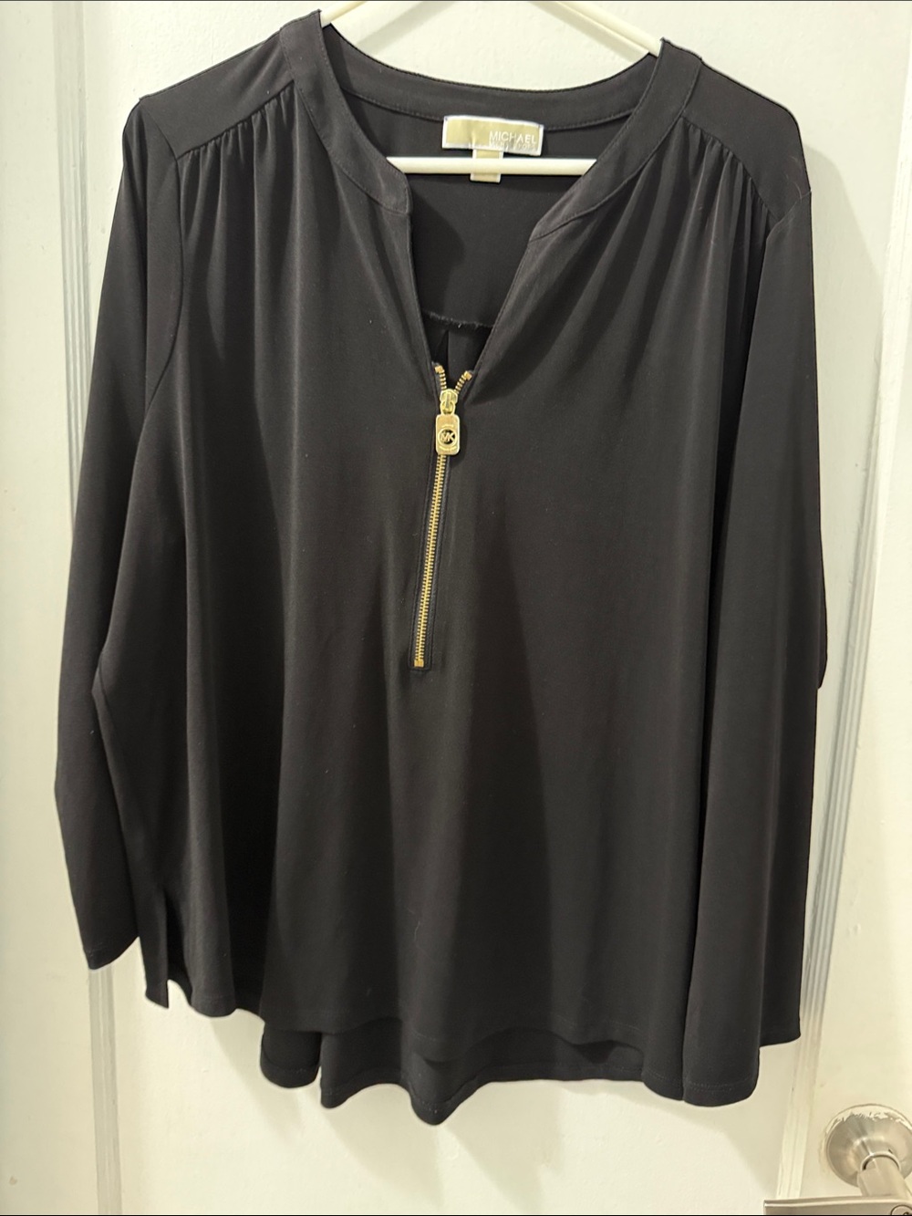 MICHAEL Michael Kors Black Long-Sleeve Zip Front Top with Gold Zip